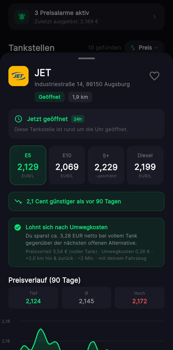 TankPilot-App, Tankstellen-Details: Preise für E5, E10, Super Plus und Diesel, Öffnungszeiten und Preisverlauf