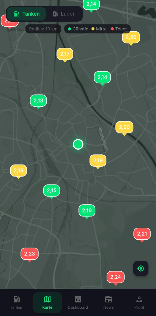 TankPilot-App, Karte: Tankstellen als farbige Preis-Pins von günstig bis teuer
