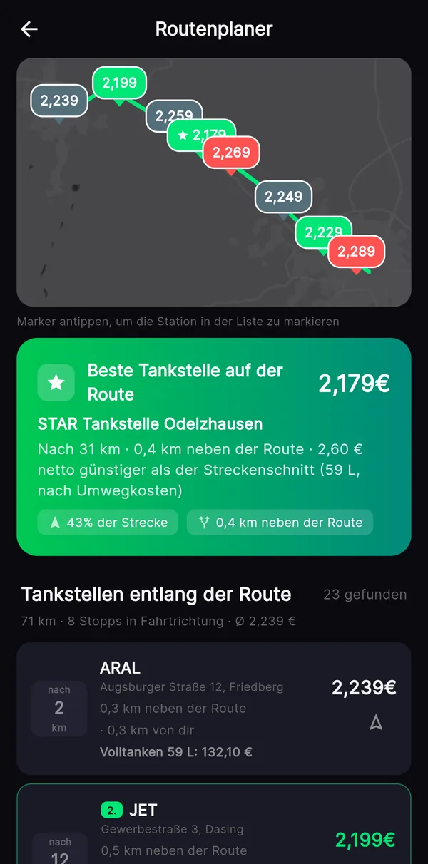 TankPilot-App, Routenplaner: Strecke auf der Karte mit Preisen entlang der Route und der empfohlenen Tankstelle